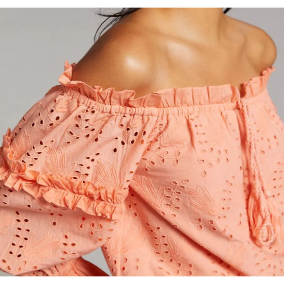 Anthropologie Jane Eyelet Lace Off Shoulder Peasant Prairie Cottage Blouse Coral - Picture 4 of 11